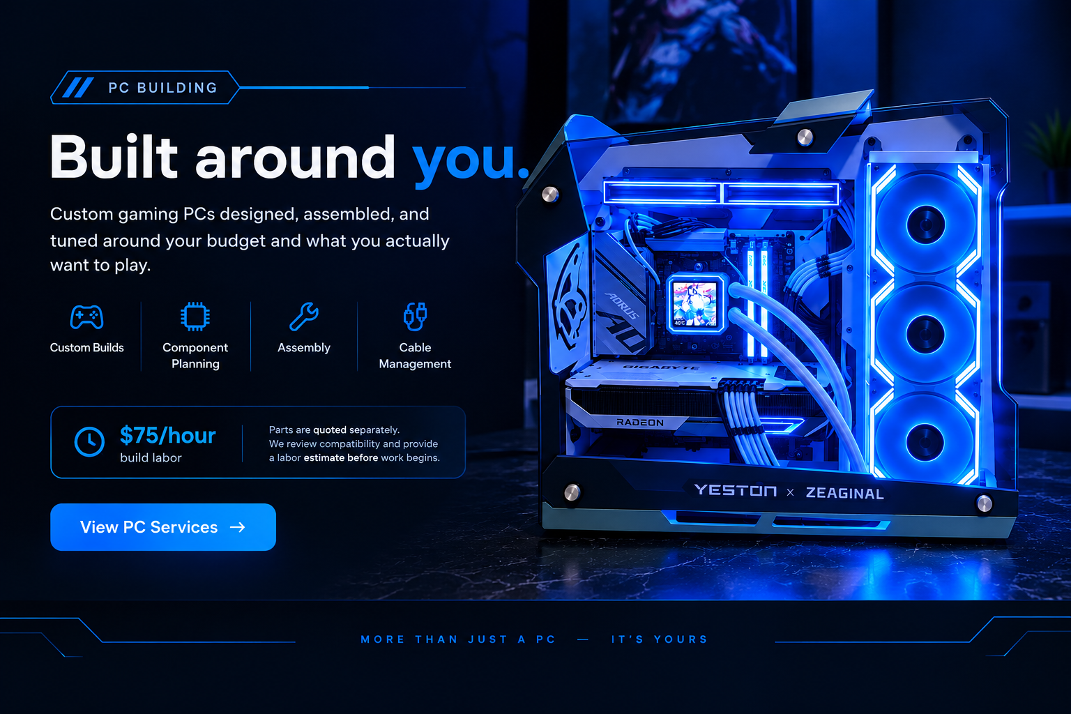 Blue-lit custom gaming PC built by New Game Plus