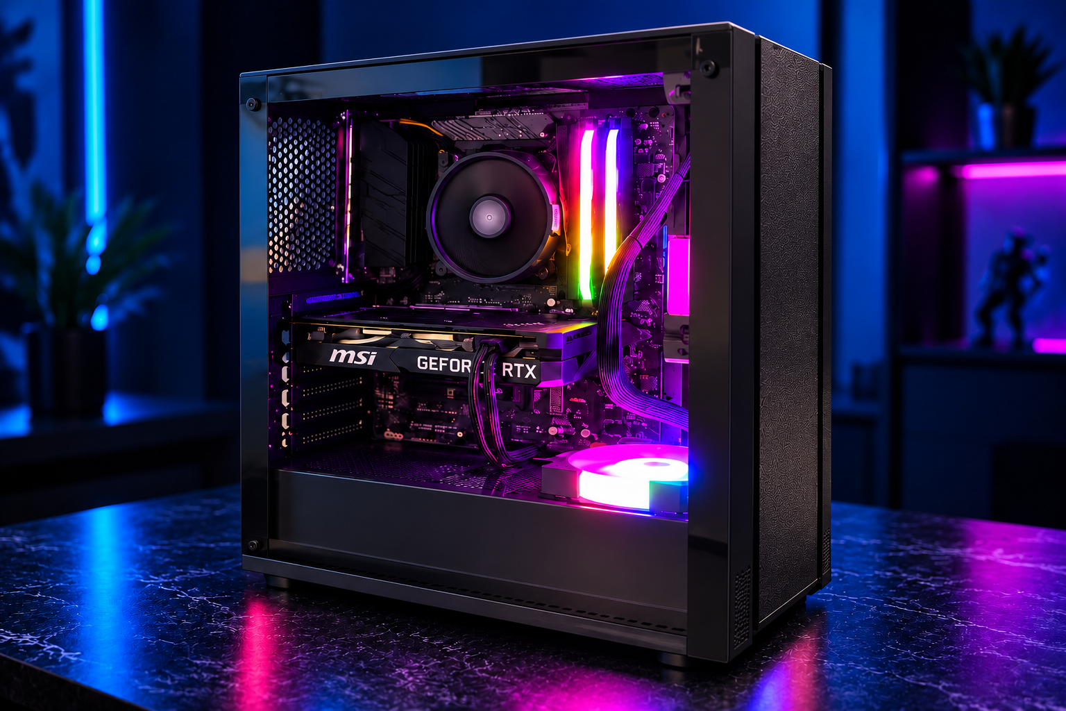Black custom gaming PC with RGB lighting in a customer setup
