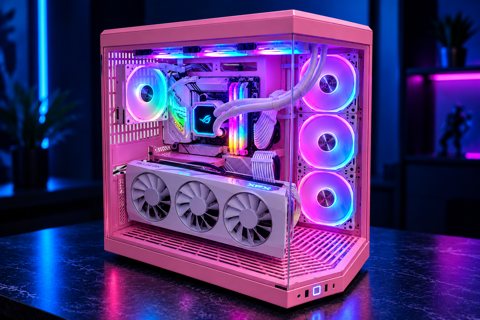 Pink HYTE custom desktop PC with blue and pink lighting