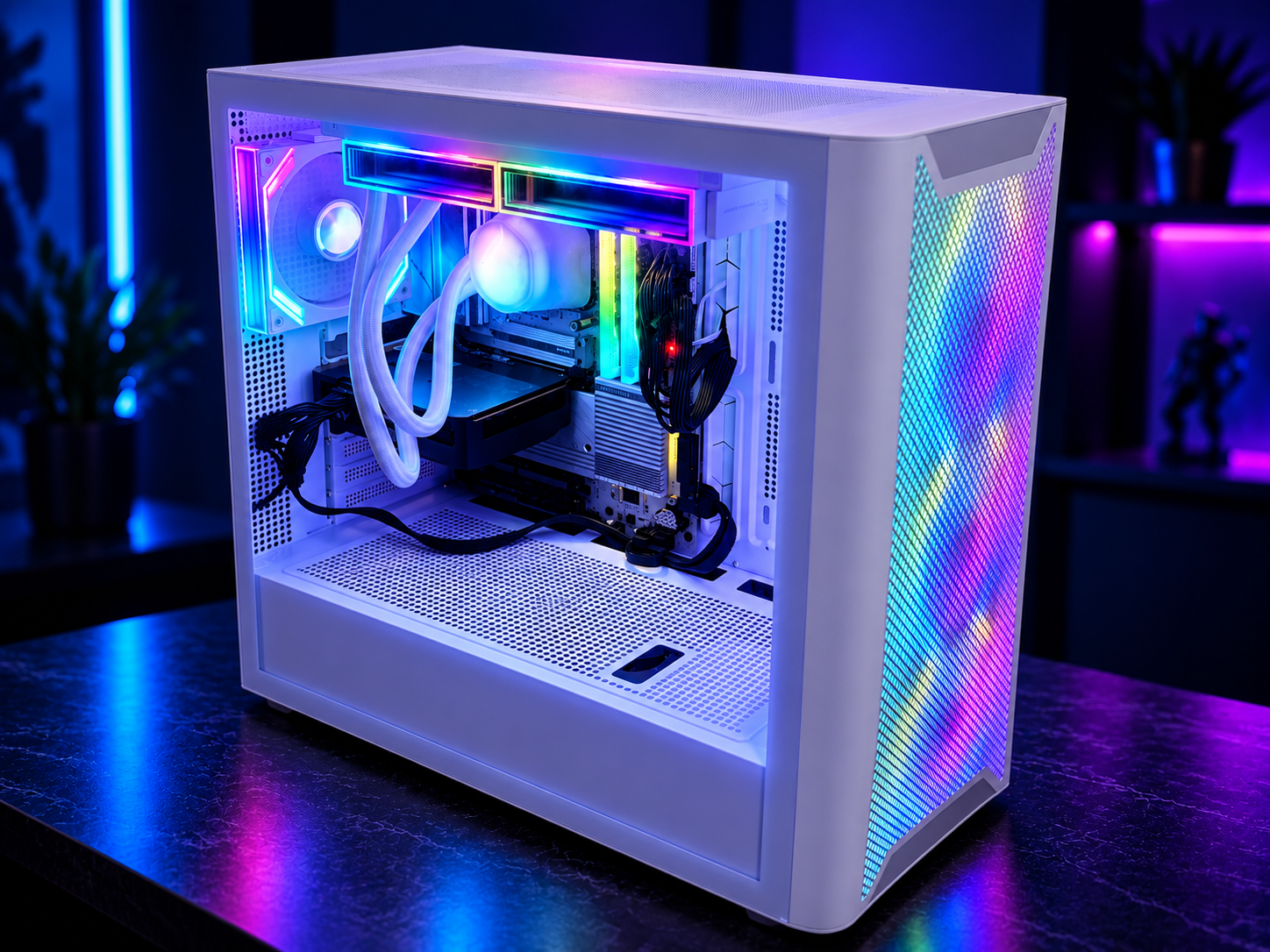 White custom desktop PC with rainbow RGB lighting