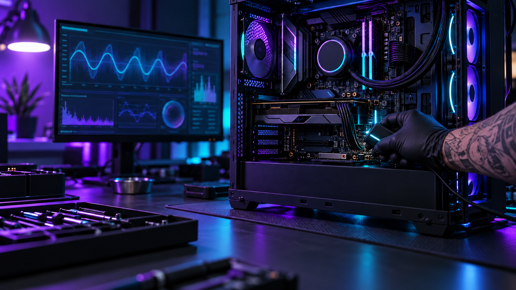 Tattooed arm checking a desktop PC under violet and blue lighting