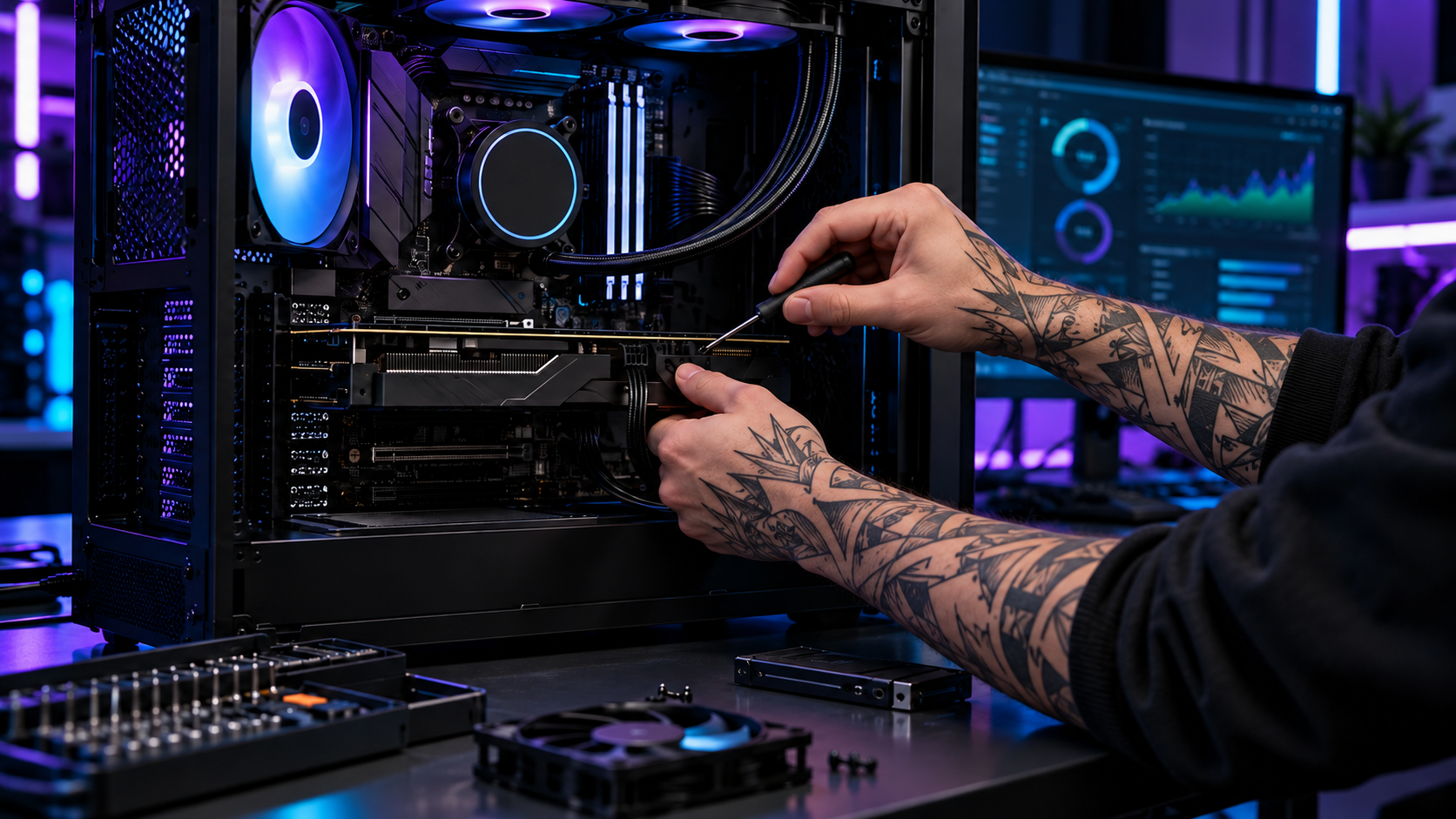 Technician with tattooed forearms repairing a desktop PC